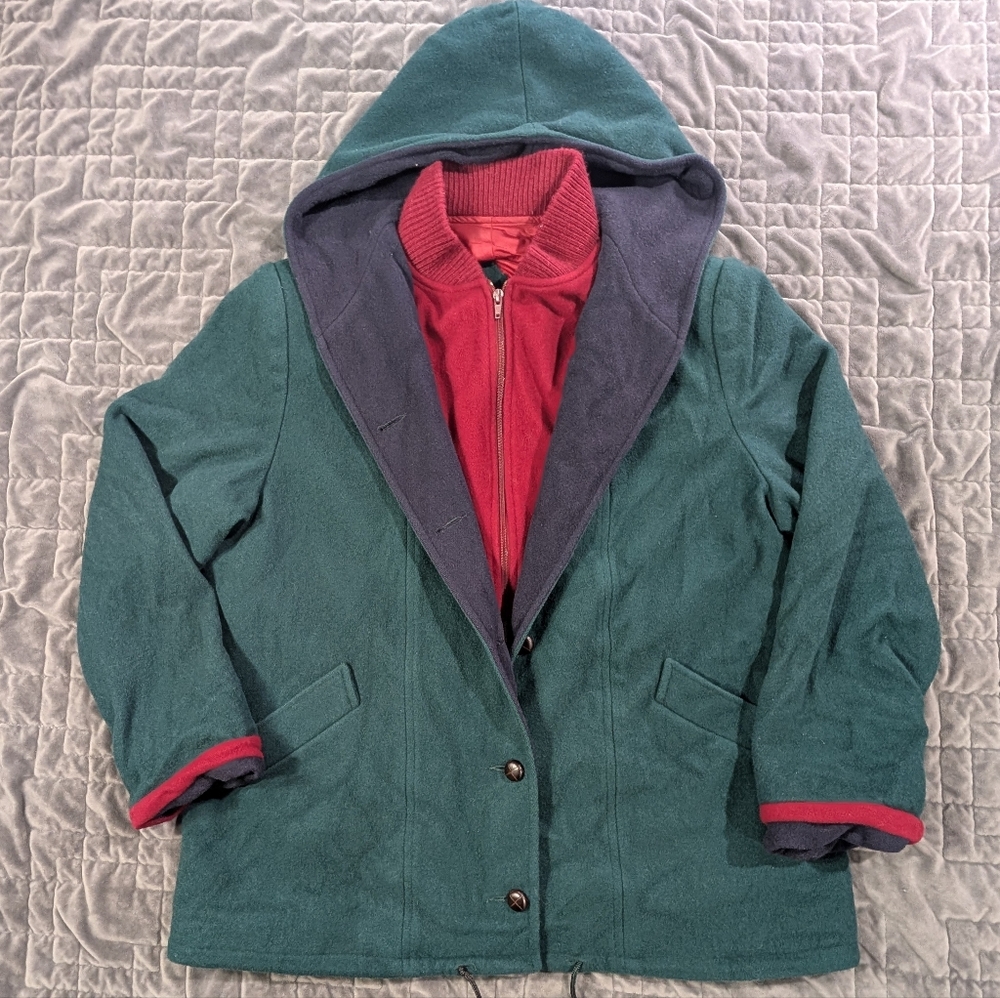 vtg Mackintosh Wool Vest Coat Hooded | Green Navy Red‎ | Women's Size 20